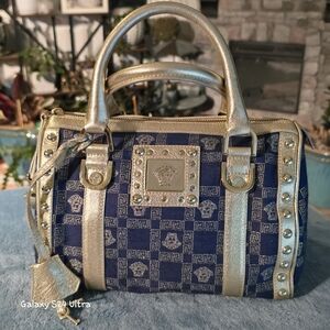 Versace Handbag Studded Mini Boston in Navy/Gold Monogram Medusa Blue Denim